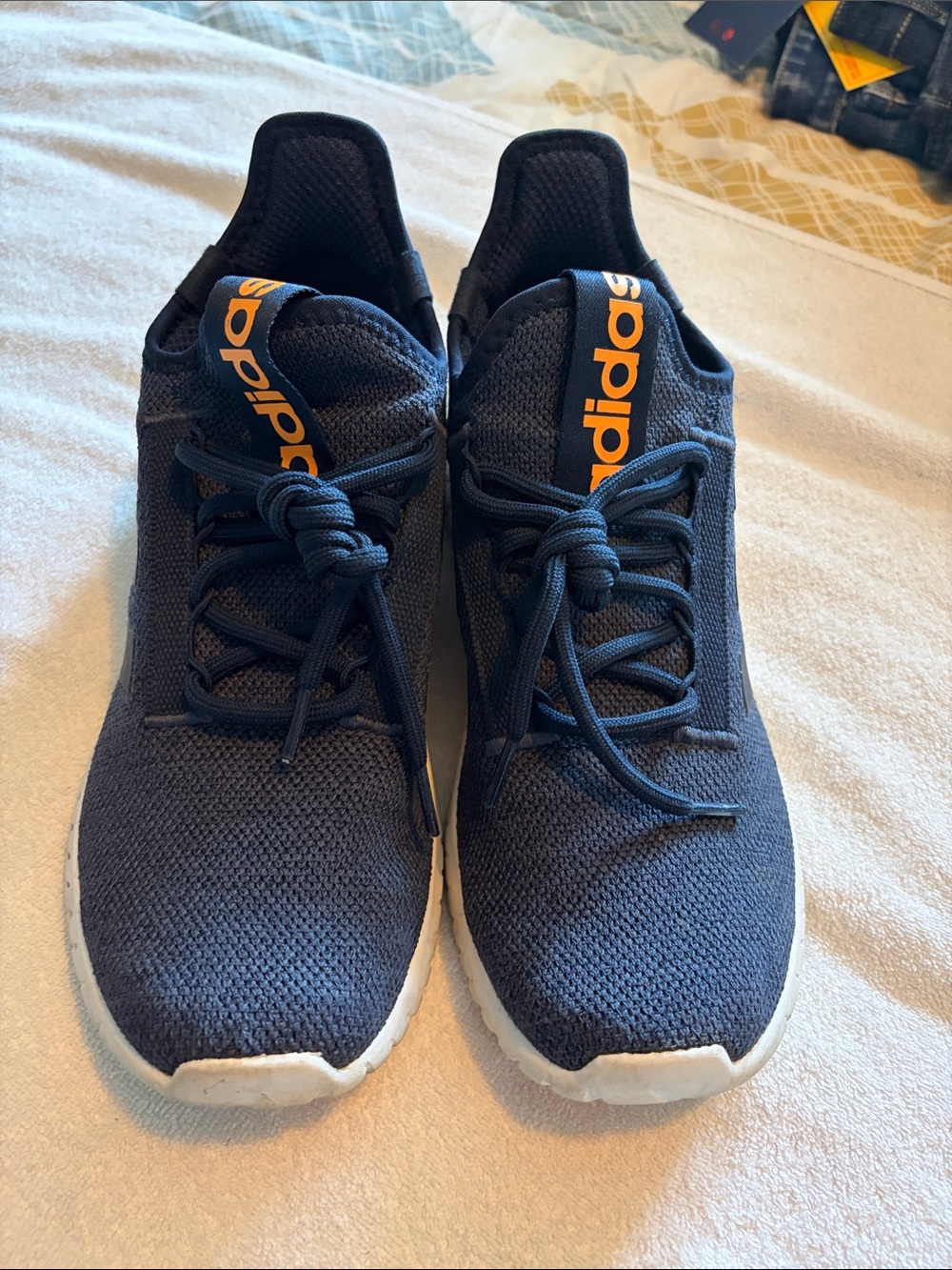 adidas Navy Knit Athletic Sneakers with Orange Logo Tape